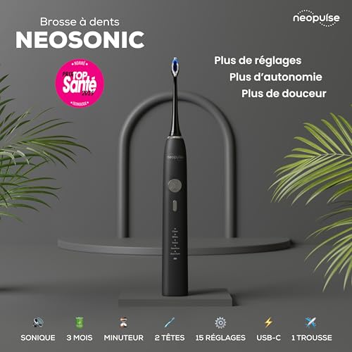NEOPULSE® - Neosonic® – Elektrische Zahnbürste mit Schalltechnologie + 2 Bürstenköpfe – wiederaufladbar mit USB-C – 3 Monate Akkulaufzeit – 15 Einstellungen – Timer – kompatibel mit Neokids – Schwarz – Bild 3