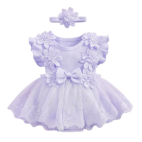 IMEKIS First Birthday Outfit Girl: Baby Princess Wedding Dress Fairy Onederful 1st Birthday Cake Smash Bubble Romper Boho Newborn Photography Infant Toddler Easter Dresses Summer Lilac 12-18 Months