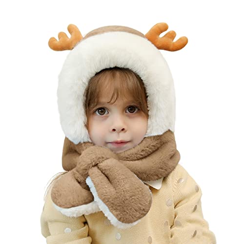 Toddler Winter Hat Scarf Earmuff Hood Scarves Set Unisex Kids Girls Plush Cold Caps Boys Cute Neck Warmer(3-12Years Old (Khaki)