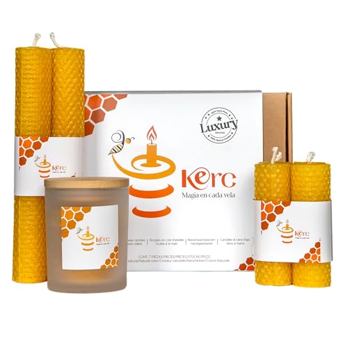 KERC - Velas de Miel - 10 Estilos,100% ecológicas. (7) Más de 40 horas de Luz para purificar espacios, hacer ritual y obsequiar Regalos espirituales. Velas Decorativas - Artesanales sin AROMA.