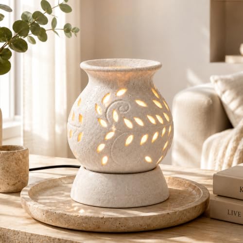 Image of BRAHMZ Ceramic Electric Aroma Oil Diffuser with Bulb - Ancient Matki Style Essential Oil Burner for Home, Bedroom, Pooja Room & Office | 12cm, White