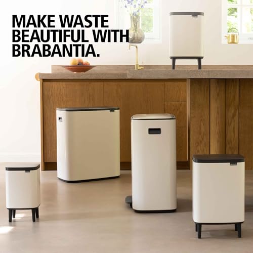 Image of Brabantia Bo Hi Touch Top Kitchen Trash Can with Single Compartment & Raised Legs | Soft Beige | 16 Gal Inner Bucket | Soft-Close, Light Touch Opening, Stay-Open Lid | + Trash Bags