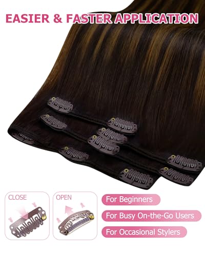 Image of YoungSee Clip in Human Hair Extensions Balayage Real Human Hair Extensions Clip ins Dark Brown Mix Medium Brown Balayage Long Straight Clip in Extensions Real Human Hair 120G 22Inch 7Pcs