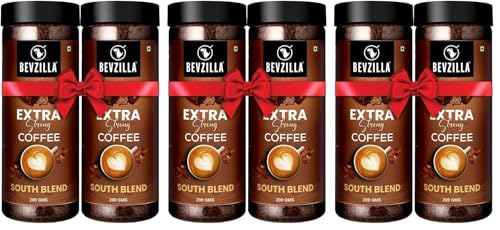 Image of Bevzilla Instant Filter Coffee Powder - South Blend | 70% Coffee, 30% Chicory | Extra Strong | 400g (200g x 2) | Bold Taste | Quick Preparation (Pack of 3)