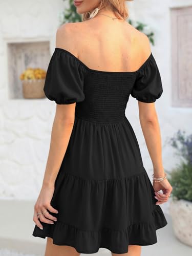 Image of Veatzaer Women's Puff Sleeve Square Neck Smocked Babydoll Dress Boho Floral Print Off Shoulder Ruffle Mini Short Dress