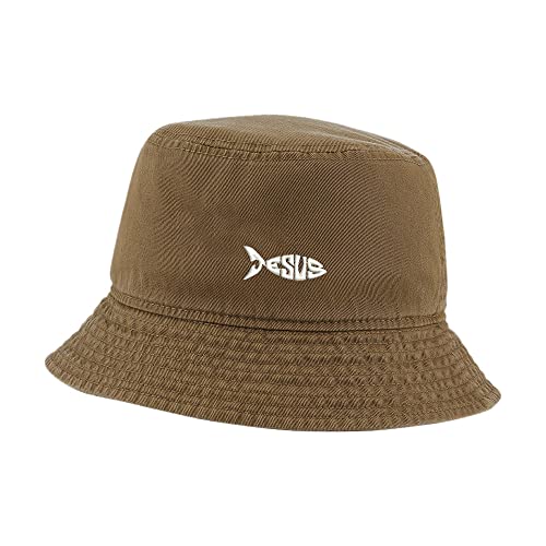 L8502-LXYB Men's Bucket Hat Jesus Fish Embroidered Cotton Washed Unisex Casual Fisherman Hat (Khaki,7 5/8)