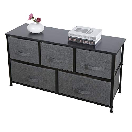 Super Deal Wide Dresser For Bedroom, 5 Drawer Fabric Storage Organizer Chest Heavy Duty Steel Frame Wood Top For Kids Toys Livingroom Closet Nursery Hallway, Dark Grey #TOP4