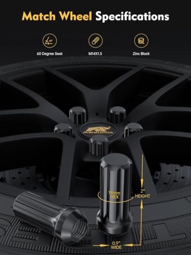 Image of MIKKUPPA M14x1.5 Spline Lug Nuts - Replacement for Chevy Silverado, GMC Savana Sierra, Ford F250 F350 Super Duty, Ram 2500 3500 Aftermarket Wheel, 32pcs Black Closed End Lug Nuts with Socket Key
