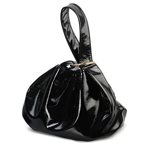 Women's Glossy Clutch Patent Vegan Leather Hobo Top Handle Bag Small Tote (Black)