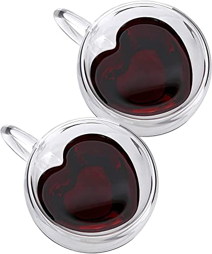 Image of ANKUL Heart Shaped Transparent Double Walled Insulated Glass Pack Of 2 Coffee Mugs Or Tea Cups With Unique Handle (Heart Cup, 2), 250 ml