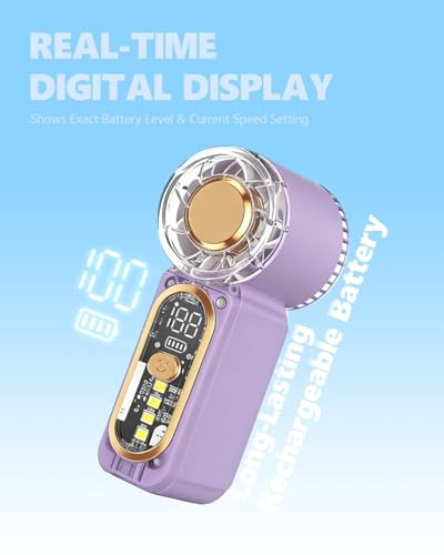 Image of Portable Handheld Mini Fan, Hand Held fans with 1-100 Speeds & Digital Display, 22000RPM Turbo Pocket Fan, USB-C Rechargeable Personal Small Fan with Emergency LED Light for Travel, Makeup, Purple