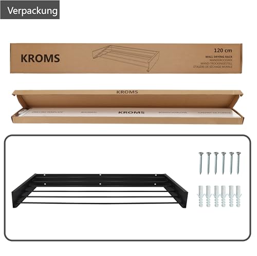 KROMS Wäscheständer Ausziehbar XXL Full Color Schwarz 120cm – 8,4m Trockenlänge - Wäschetrockner Wand - Wäscheständer Wand