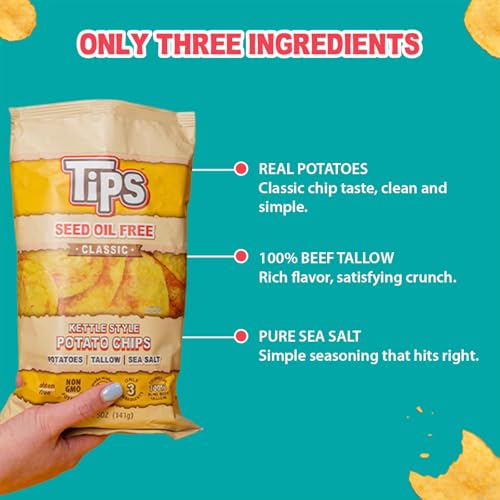 Image of TIPS Potato Chips - Snack Pack - Tallow Cooked - Seed Oil Free & Gluten Free - Kettle Style Potato Chips Made with Potatoes, Beef Tallow, and Sea Salt (5oz 4 Pack, Sea Salt)