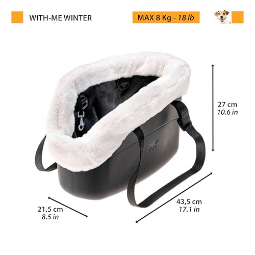 Ferplast Borsa per cani WITH-ME WINTER, in EVA Morbida plastica gommata, con rivestimento in pelliccia ecologica, Manici regolabili, Cinghiolo di sicurezza incluso, 21,5 x 43,5 x h 27 cm Tortora