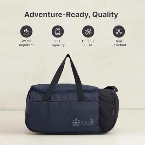 Image of Cult 25 Litre Gym /Duffle Bag for Men & Women - Water-Resistant Sports & Travel Bag with Spacious Main Compartment, Side Mesh Pocket, Durable Zippers & Adjustable Shoulder Strap - Black Navy
