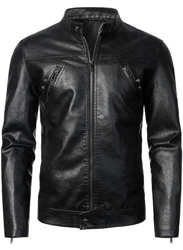 HOOD CREW Men’s Faux Leather Jacket Cool Biker Jackets Vintage Stand Collar Lightweight Leather Outwear Coat Black M