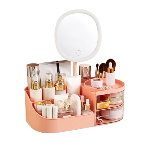 DASITON Makeup Organiser with Rechargeable Mirror, Large Capacity Dressing Table Organiser with 2 Drawers