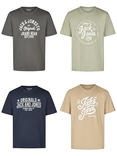 JACK & JONES Tshirt Herren Regular Fit JJLINO 4er Pack Set Pack Rundhals Kurzarm Sommer Tee Shirt Print, Größe:L, Farbe:Pack 3