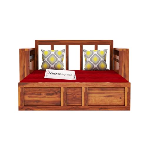 Image of Mamta Furniture Solid Sheesham Wood Sofa Set 2 Seater Furniture Wooden Two Seater Sofa Cums Bed for Home Living Room with Cushions | Sofa Com Bed | Sheesham Wood Honey