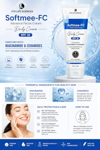 Image of Softmee-FC Advance Facial Cream, SPF 30, with Niacinamide & Ceramides, Non-Comedogenic, 60g