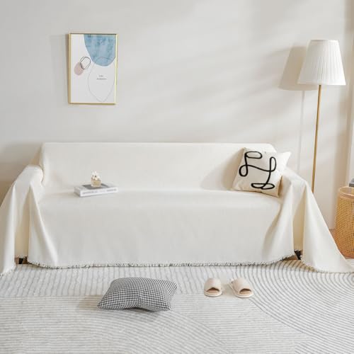 BUSVORES Sofa Überwurfdecke, Chenille Mit Fransen Sofabezug, AntiRutsch Couch Schutz für Haustiere Haare Kinder Hund Katze, Vielseitige Dekorative Sofaüberwurf für Familie(Beige, 230x380 cm)