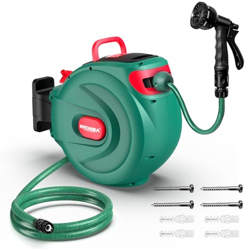 HYCHIKA Enrouleur Tuyau Arrosage 30m – Enrouleur Extensible Murale pour Jardin avec Verrouillage et Enroulement Automatique, Buse à 8 Modes, Boîte...