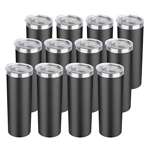 HASLE OUTFITTERS 20 oz Skinny Tumblers Bulk Set, Stainless Steel Insulated Slim Tumblers with Lids, Reusable Double Wall Travel Coffee Mugs, Durable Powder Coated Travel Water Cups(Black, 12)