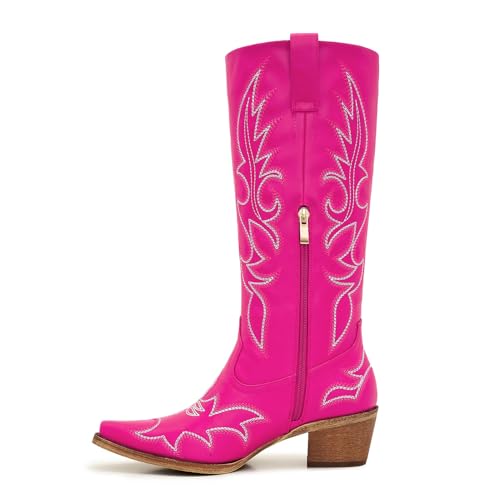 Image of Uillnoodu Women's Turquoise Cowgirl Boots - Wide Calf Mid Calf Western Boots Plus Size Embroidered Cowboy Style with Block Heel