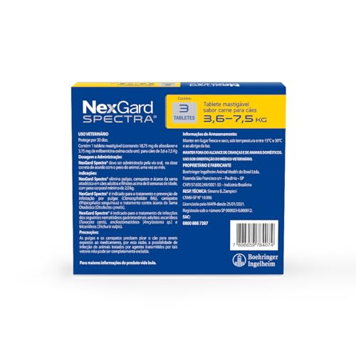 NexGard Spectra Antipulgas, Carrapatos e Vermífugos para Cães de 3,6 a 7,5kg - 3 tabletes
