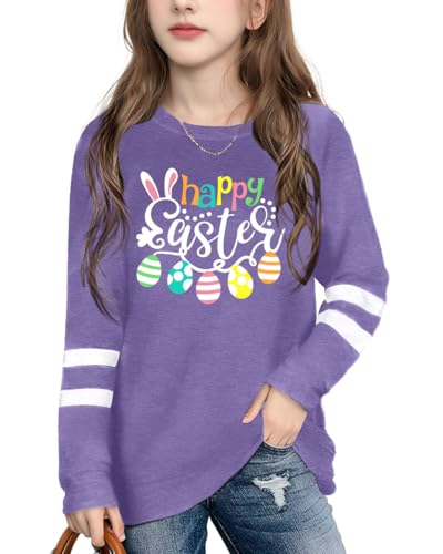 Image of Ithalt Kids Easter Shirts for Girls Cute Bunny Graphic Tshirt Easter Long Sleeve Tops 5-14y
