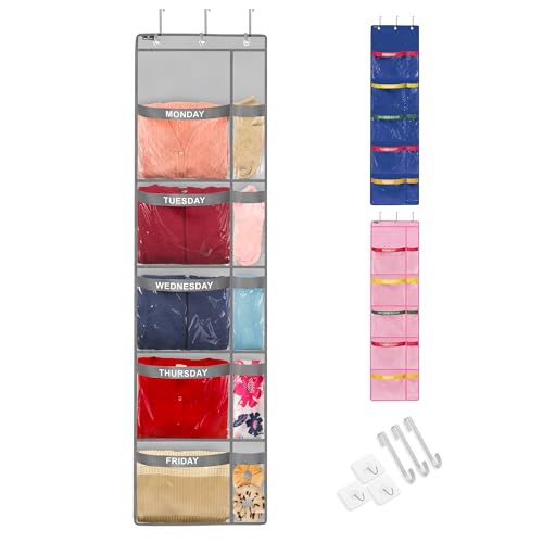 Handy Laundry Weekly Clothes Organizer for Kids – 5-Shelf Hanging Closet Organizer with Day of the Week Labels, Large & Small Pockets, Over Door or Wall Mount, Durable Fabric, Grey