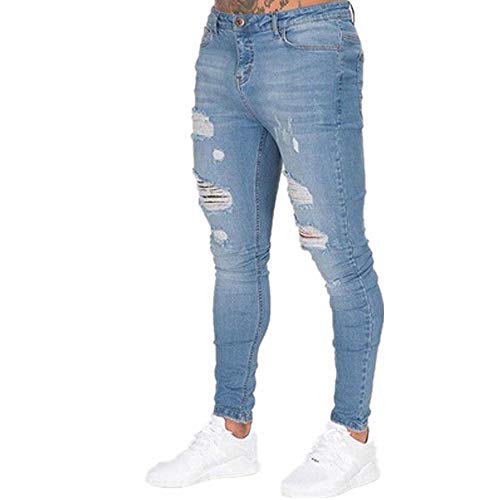 Fansu Vaqueros Hombre Skinny, Pantalones Ajustados Jeans Rotos Elasticos Slim Fit Stretchy Ripped Classic Jeans Denim Casuales Pants Regular Recta (Azul Claro,S)