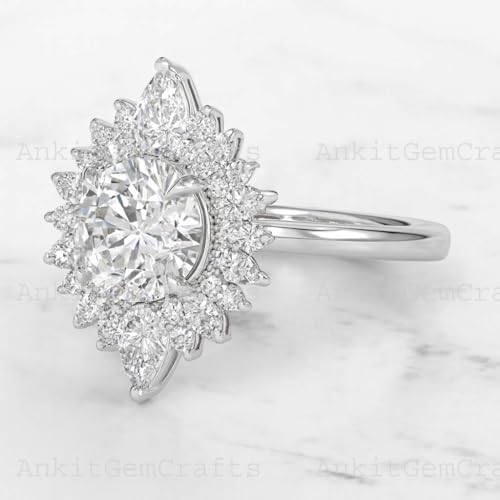 14K Gold Sunburst Moissanite Engagement Ring Vintage Halo Marquise & Round Cut Bridal Ring Art Deco Statement Wedding Jewelry Gift for Women4