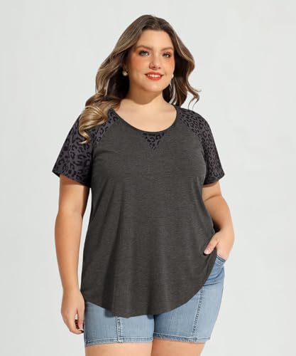 Image of CARCOS Plus Size Tops for Women Short Sleeve Shirt Summer Star /Leopard /Tie Dye /Flower Crewneck Pullover Tunic XL-5XL
