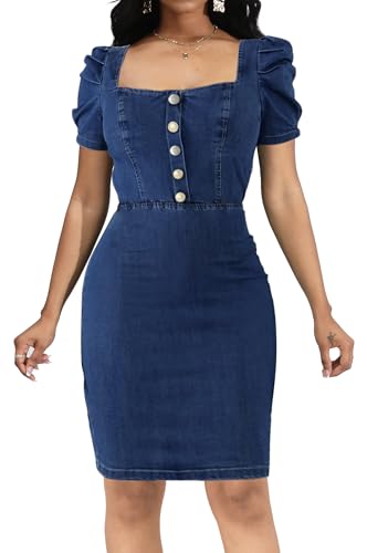 Image of SeNight Women Denim Dresses Elegant Sexy Short Sleeve Jean Party Dress