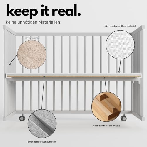 Sämann® Laufgitter 100x100 cm mit Matratze und Schlupfsprossen, stufenlos höhenverstellbar, Baby Laufstall, Buche, gummierte Rollen, Buche weiß lackiert