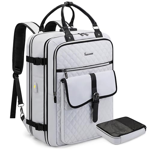 Travel Backpack for Women, 50L Carry On with USB Charging Port, Anti Theft, 17.3 Inch Laptop Compatible, White, Large