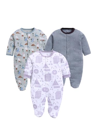 Image of BABY GO Baby Sleepsuit Pack of 3 | 100% Cotton Full Sleeve Footed Romper for Newborn Baby Boys & Girls | Front Open Snap Button Onesie Jumpsuit | Soft Breathable Nightwear