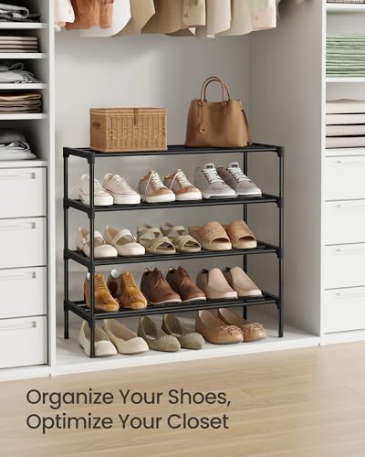 Image of SONGMICS 4-Tier Shoe Rack for Closet, Compact Metal Shoe Organizer Shelf for Entryway, Bedroom, Small Spaces, Stackable, 11.8 x 24.5 x 26 Inches,Black ULSA124BH01