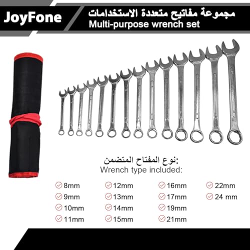 JoyFone 14 Pieces Combination Wrench Set, 8-24MM SAE Chrome Vanadium Steel Ratcheting Combination Flex Head Wrench Kit with Rolling Pouch Metric Mechanics Tools for Home Car Bike Bicycle Daily Repair