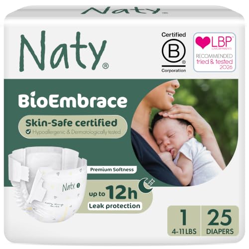 Image of Naty BioEmbrace Baby Newborn Diapers, Size 1 (4-11 lbs), 25 Count | Hypoallergenic for Sensitive Skin, Up to 12 Hour Leak Protection, Absorbent, Plant-based teddy softness, Premium comfort