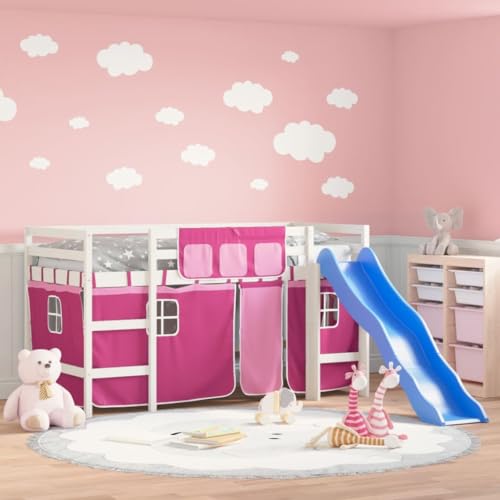 Festnight Cama Alta para Niños de Madera, Litera con Tobogán y Cortinas, Cama Alta Juvenil, Mueble Mobiliario Dormitorio Infantil, Blanco y Rosa 90x200 cm