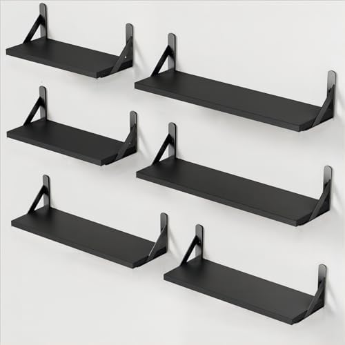 Image of AMADA HOMEFURNISHING Wall Shelves Set of 6, Wood Floating Shelves for Decor, Rustic Farmhouse for Bedroom, Bathroom Storage, Book Shelves for Living Room, Black