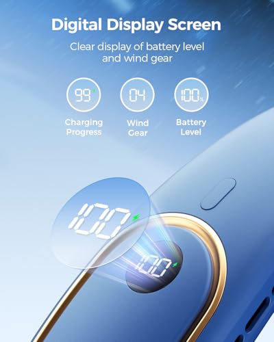 Portable Neck Fan – Hands Free Personal Fan, Rechargeable Bladeless Fan with 5000mAh-Battery, Digital Display, 4 Speeds, Birthday Gifts for Men, Women, Mom, and Dad – Blue