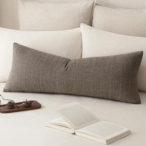 Image of Foindtower Set of 1 Decorative Linen Check Throw Pillow Cover Neutral Farmhouse Lumbar Cushion Cover Soild Modern Boho Home Decor for Sofa Chair Couch Bedroom Living Room,14x36 Inch,Taupe Grey