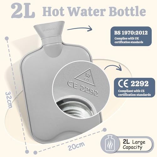 HAOCEE Wärmflasche mit Bezug, 2L Wärmeflasche Groß Flauschig,Wärmflaschen mit Känguru-Tasche,Auslaufsicher und Getestet, Bettflasche lange warm, Hot Water Bottle (Grau)