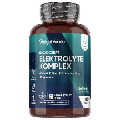 Elektrolyte Tabletten - 930mg pro Portion - mit Magnesium Kalzium Kalium Natrium & Chlorid - 180 vegane Tabletten - Electrolyte Tablets Komplex - Glutenfrei - Ohne Gentechnik - WeightWorld