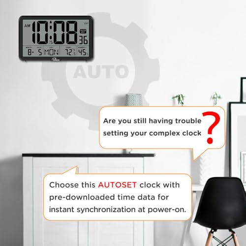 Image of WallarGe Digital Wall Clock, Autoset Desk Clocks with Temperature, Humidity and Date, Battery Operated Digital Wall Clock Large Display, 8 Time Zone, Auto DST. (Black)