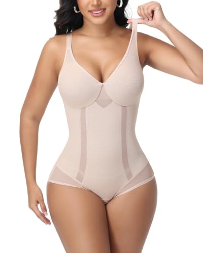 Shapewear Bodysuit with Underwire for Women Deep V Neck Body Shaper Bodysuit Low Back Shapewear