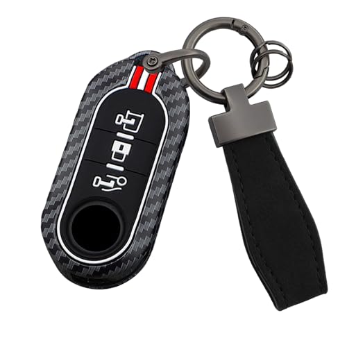HIBEYO Key Fob Cover Fit for Fiat Ducato 500 500L Panda Grande Punto Lancia Musa 3 Buttons Carbon Fiber Texture Accessories Metal&Silicone Folding Flip Key Case-3 Button-c(Red&White Lines)